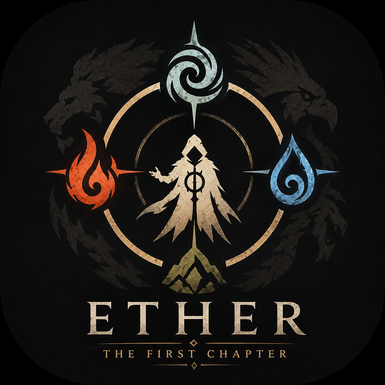 Ether: The First Chapter logo with a hooded figure, dragons, and elemental symbols